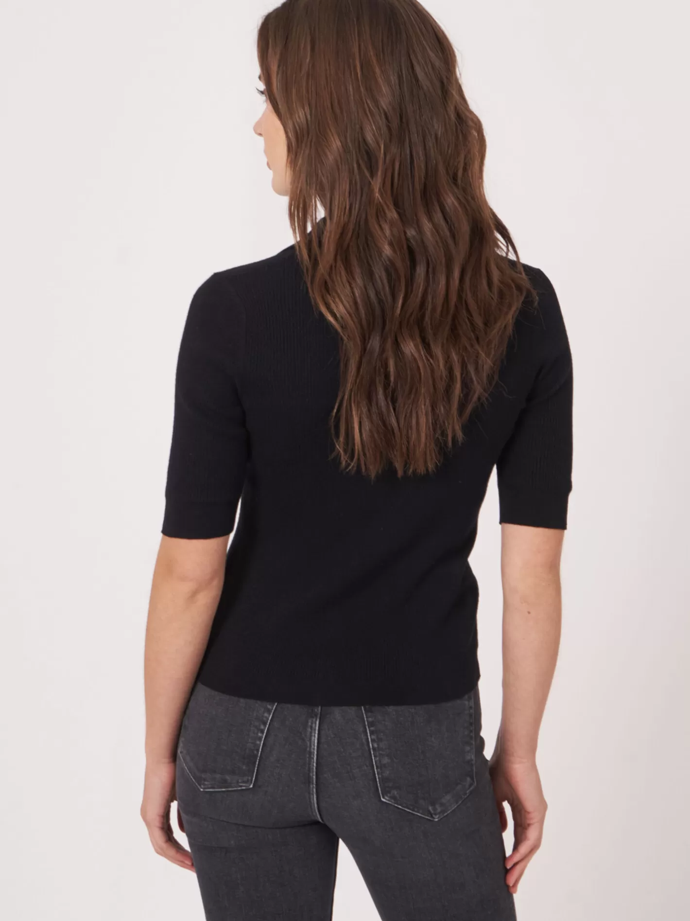 Cardigans<REPEAT cashmere Super Fine Rib Knit Polo Neck Cardigan With Short Sleeves Black
