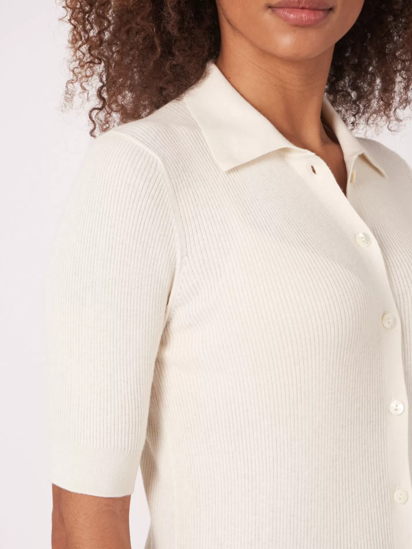 Cardigans<REPEAT cashmere Super Fine Rib Knit Polo Neck Cardigan With Short Sleeves Cream
