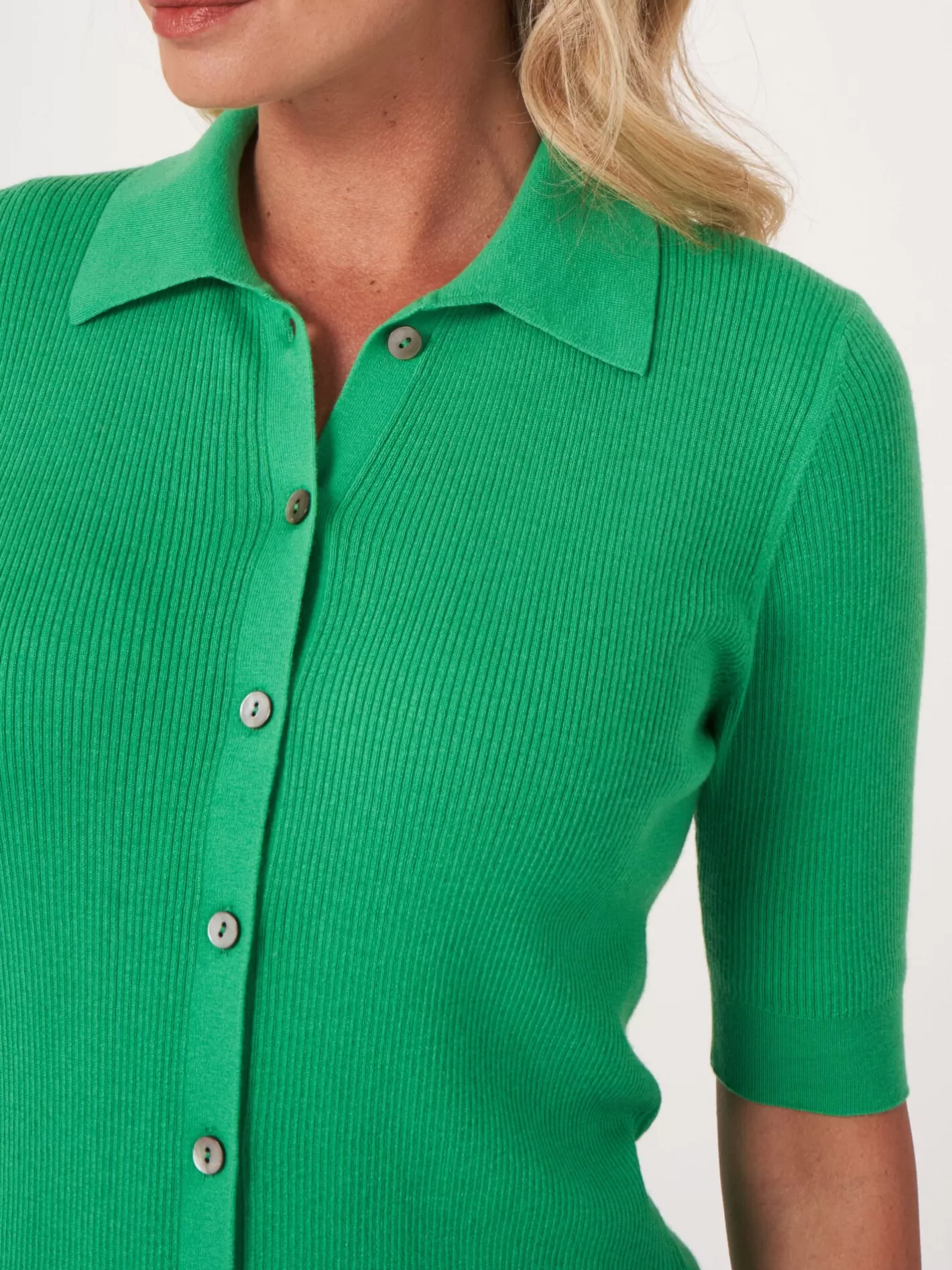 Cardigans<REPEAT cashmere Super Fine Rib Knit Polo Neck Cardigan With Short Sleeves Basil