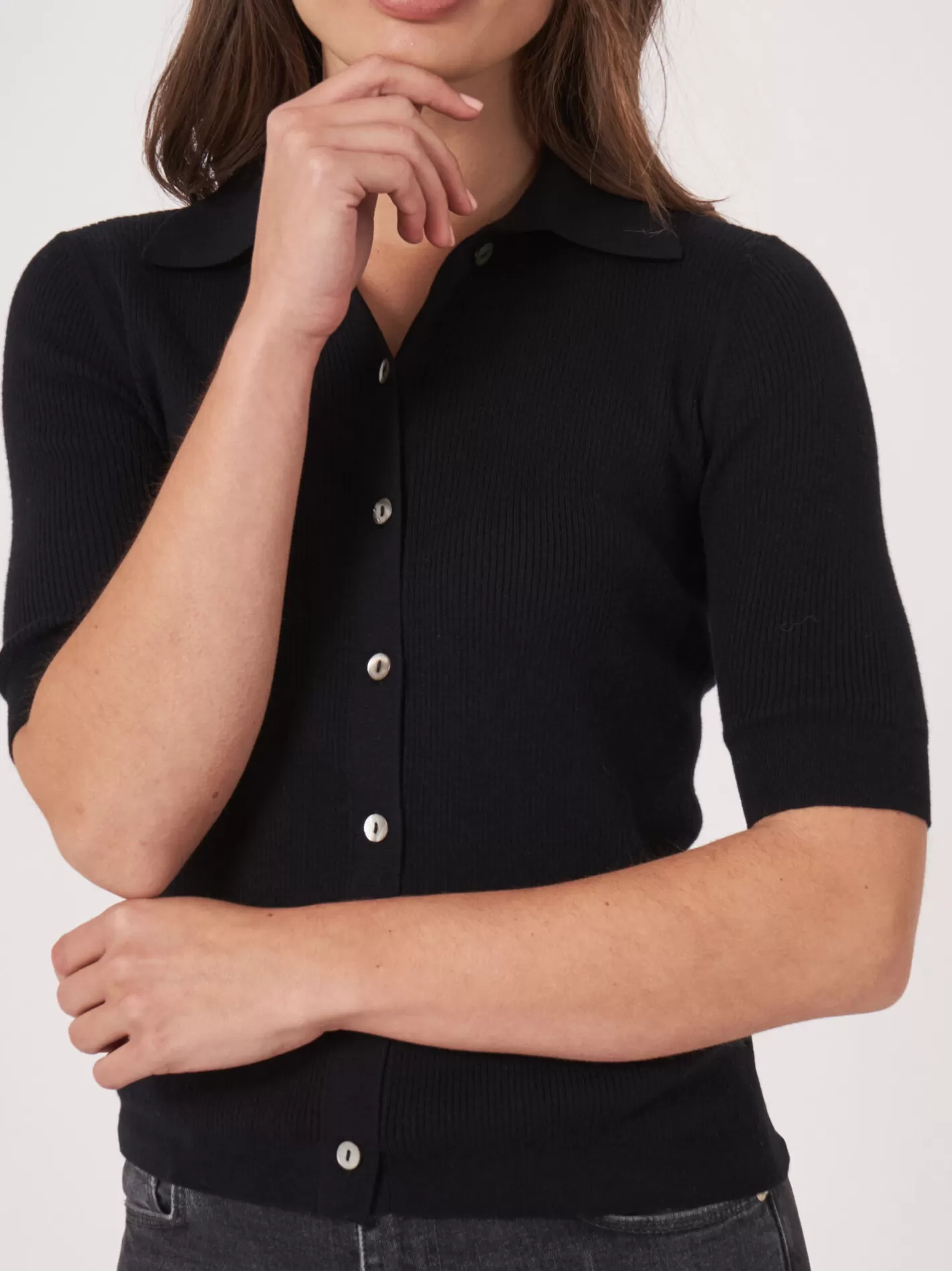 Cardigans<REPEAT cashmere Super Fine Rib Knit Polo Neck Cardigan With Short Sleeves Black