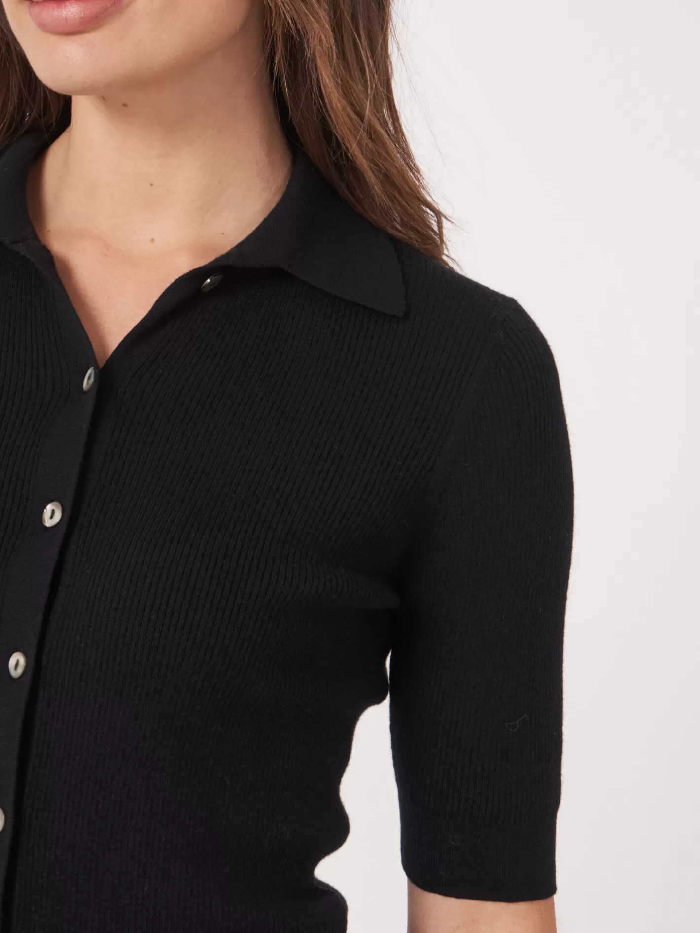 Cardigans<REPEAT cashmere Super Fine Rib Knit Polo Neck Cardigan With Short Sleeves Black