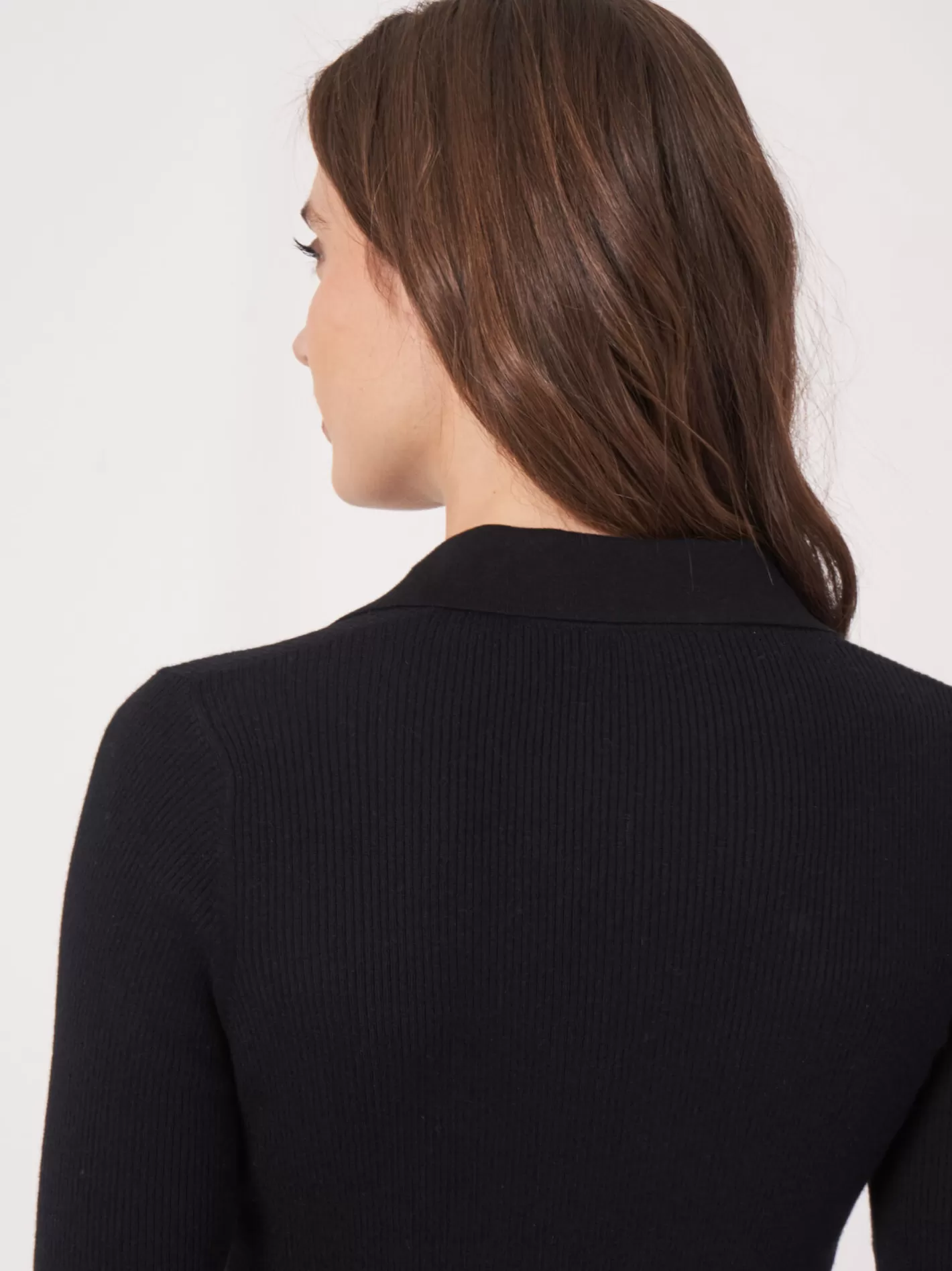 Cardigans<REPEAT cashmere Super Fine Rib Knit Polo Neck Cardigan With Short Sleeves Black