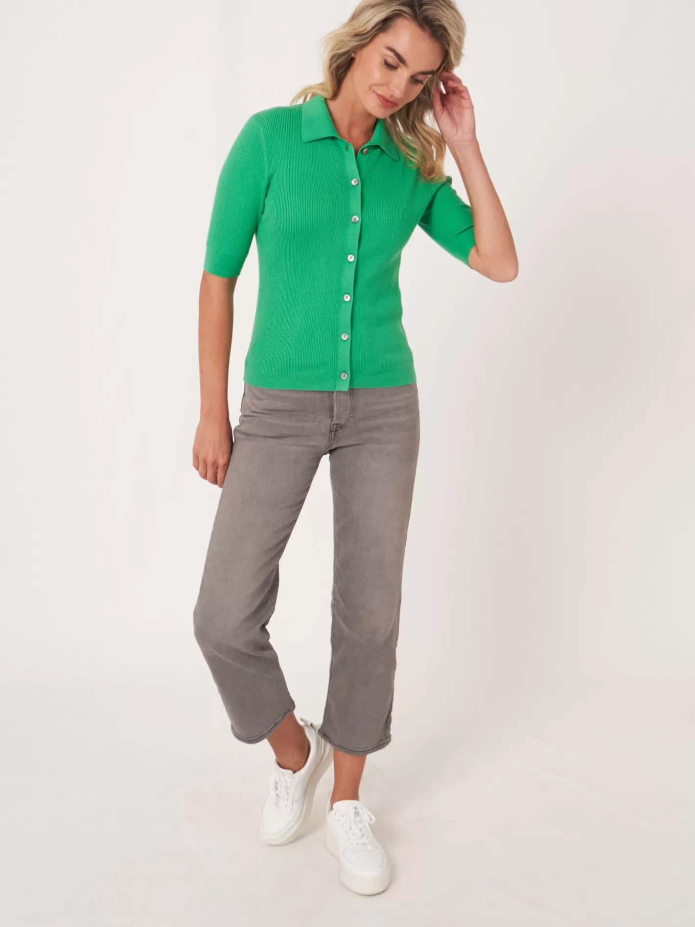 Cardigans<REPEAT cashmere Super Fine Rib Knit Polo Neck Cardigan With Short Sleeves Basil