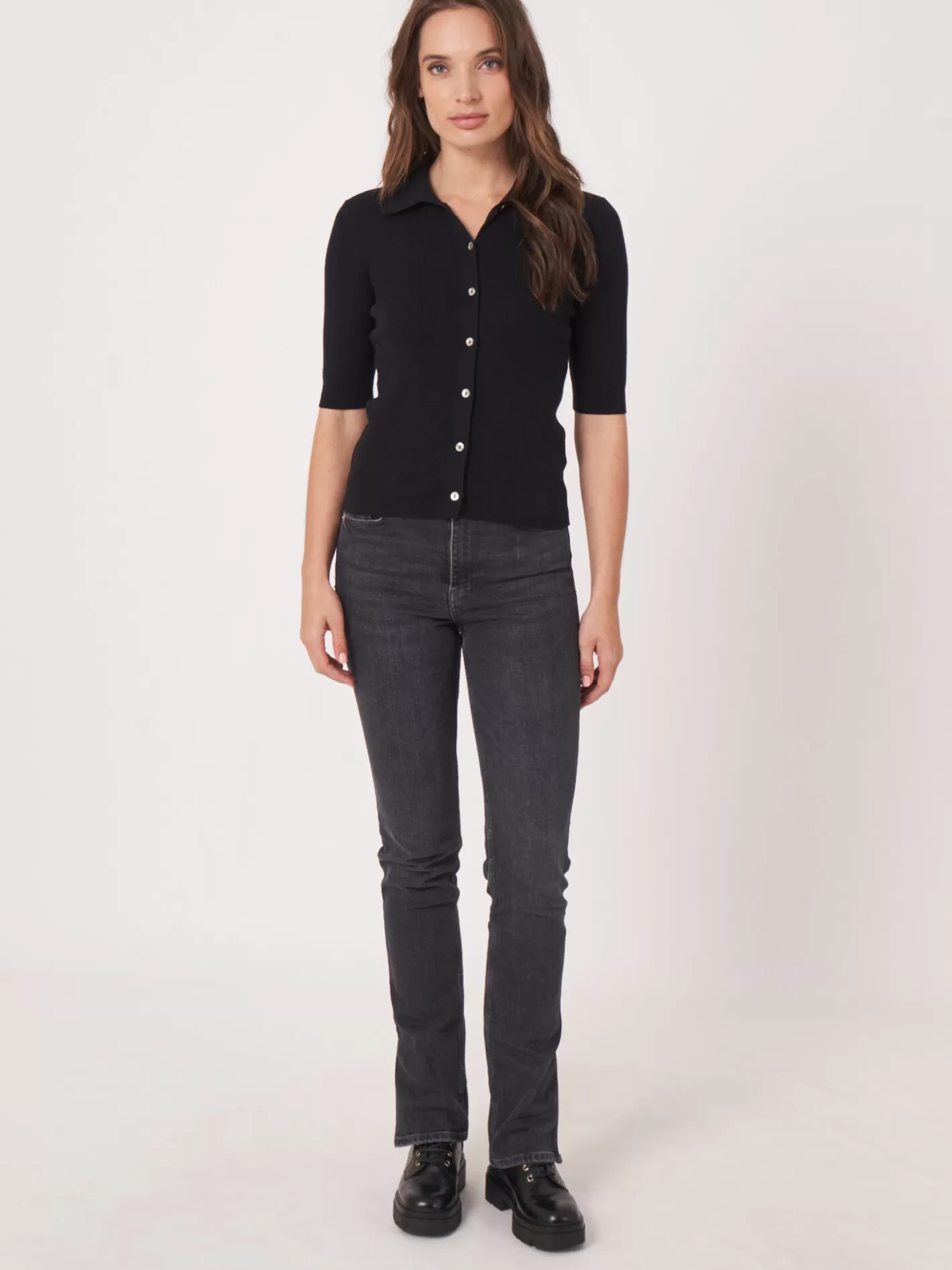 Cardigans<REPEAT cashmere Super Fine Rib Knit Polo Neck Cardigan With Short Sleeves Black