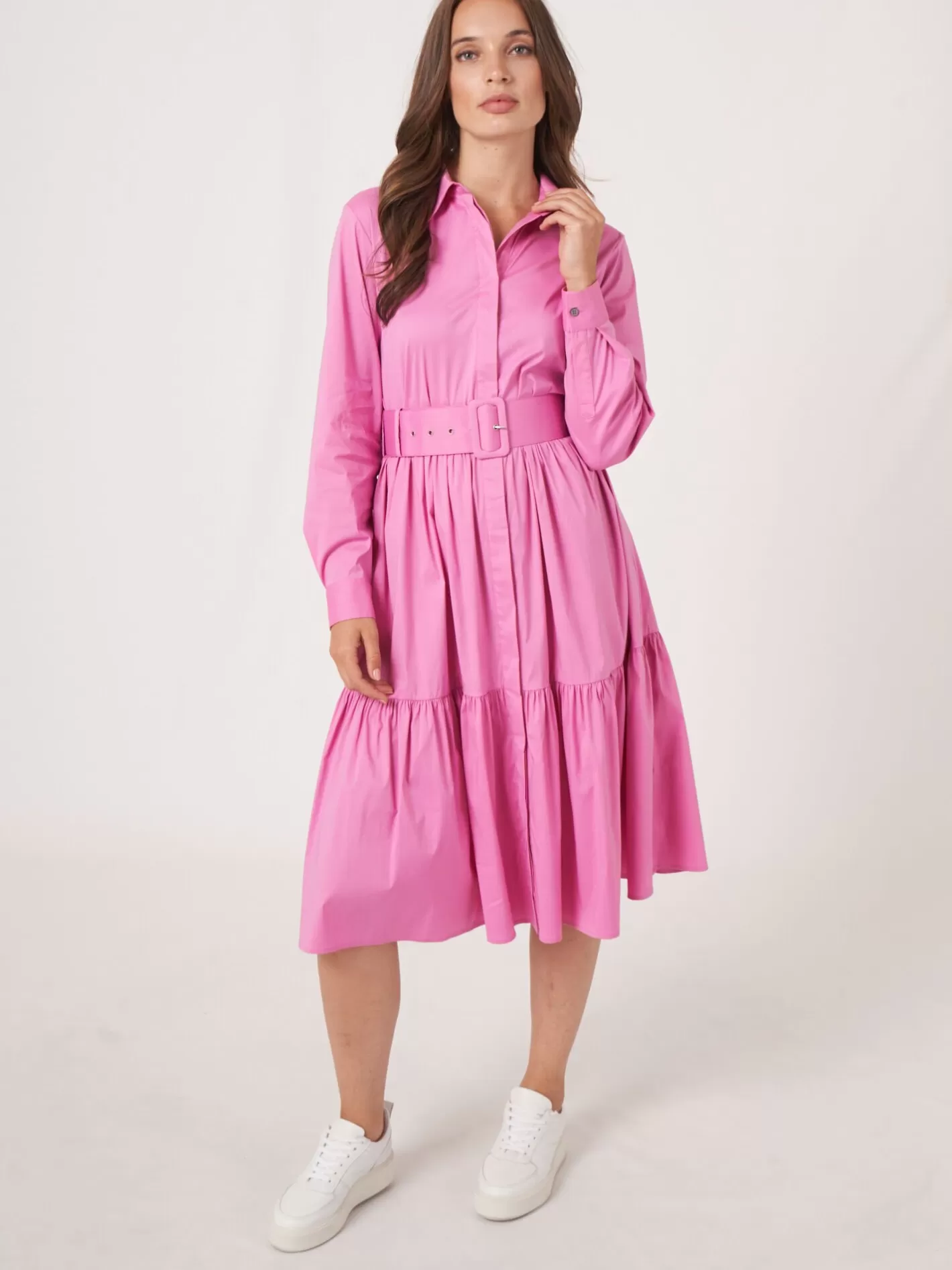 Dresses & Skirts<REPEAT cashmere Tiered Cotton Blend Shirt Dress With Belt Blossom