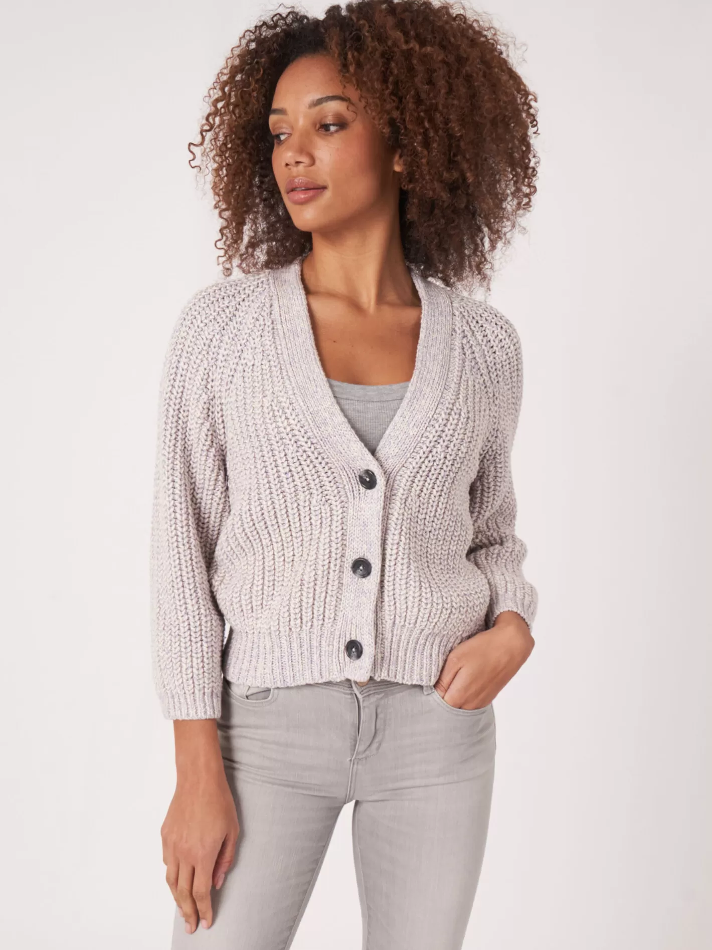 Cardigans<REPEAT cashmere Two Tone Cotton Blend Chunky Rib Knit Cardigan Lavender