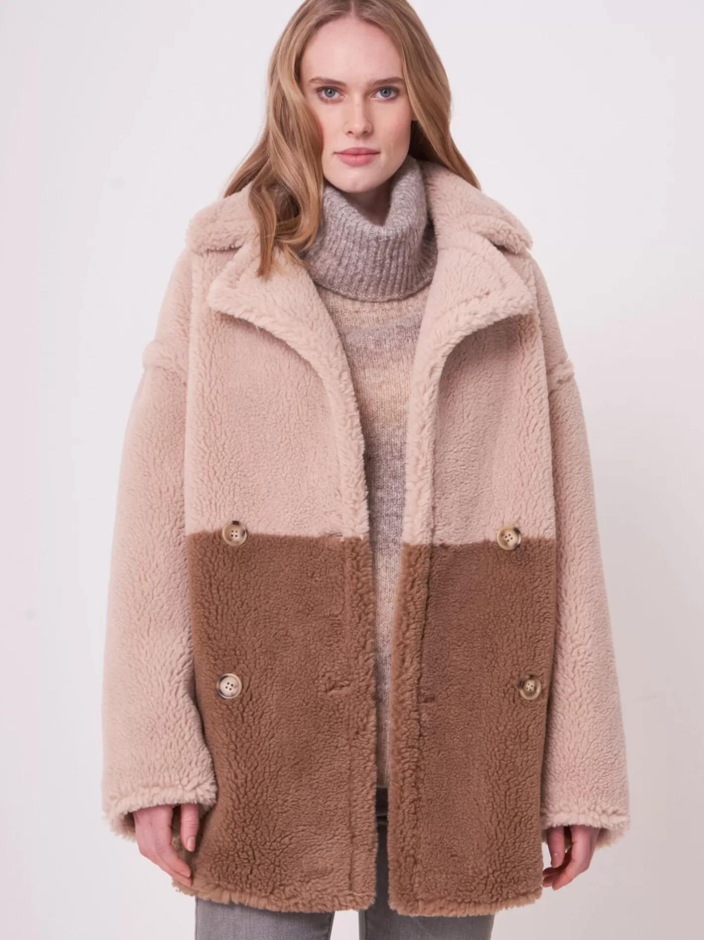 Leather<REPEAT cashmere Two-Tone Reversible Faux Shearling Coat Blush/Camel