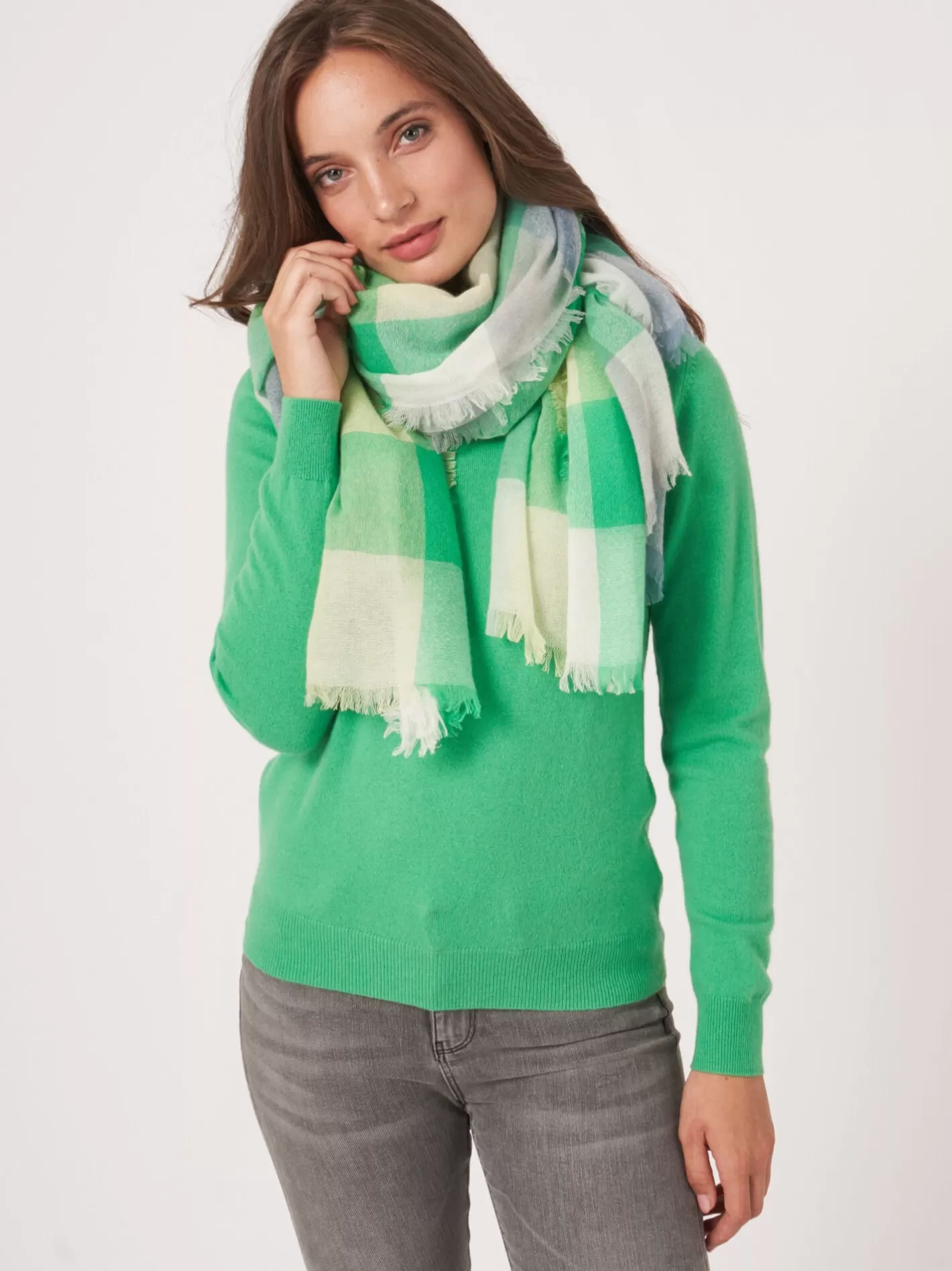 Scarves<REPEAT cashmere Wool Blend Woven Square Scarf With Check Pattern Basil